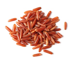 Photo of Pile of uncooked brown rice on white background