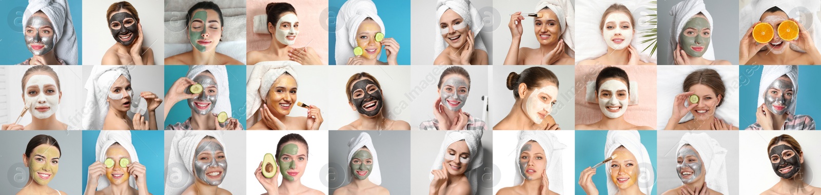 Image of Collage with photos of women with cleansing and moisturizing masks on faces. Banner design