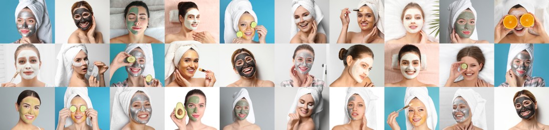 Image of Collage with photos of women with cleansing and moisturizing masks on faces. Banner design
