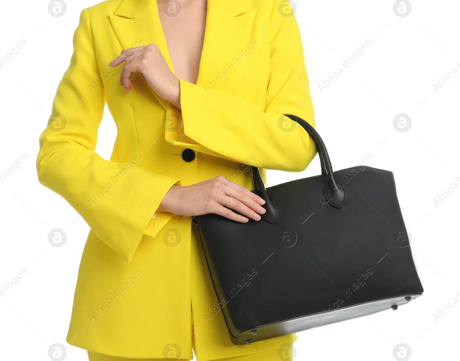 Photo of Young woman with stylish bag on white background, closeup