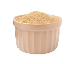 Dietary fiber. Psyllium husk powder in bowl isolated on white