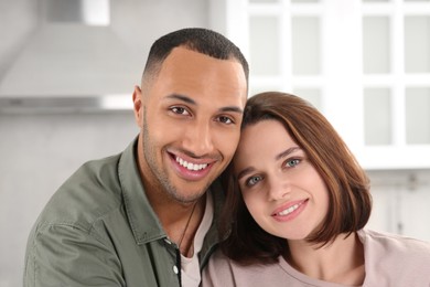 Dating agency. Portrait of happy couple in kitchen, closeup