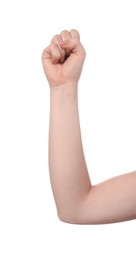 Photo of Playing rock, paper and scissors. Woman showing fist on white background, closeup