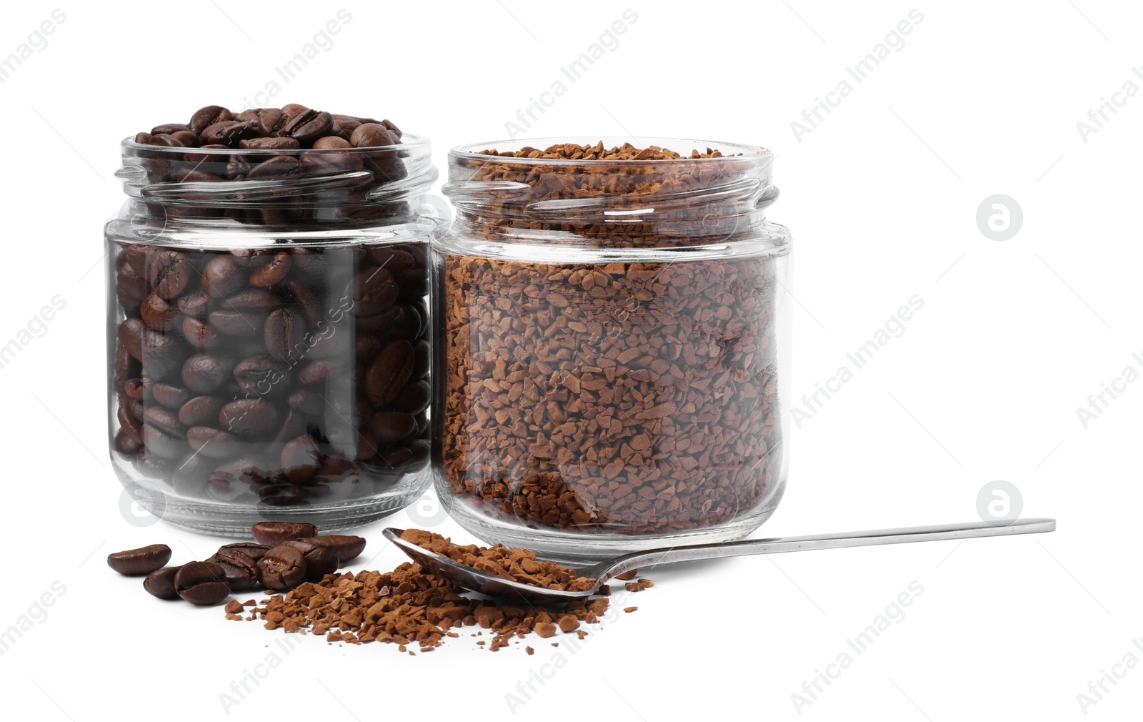 Photo of Jars with instant coffee and roasted beans on white background