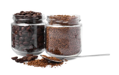 Photo of Jars with instant coffee and roasted beans on white background