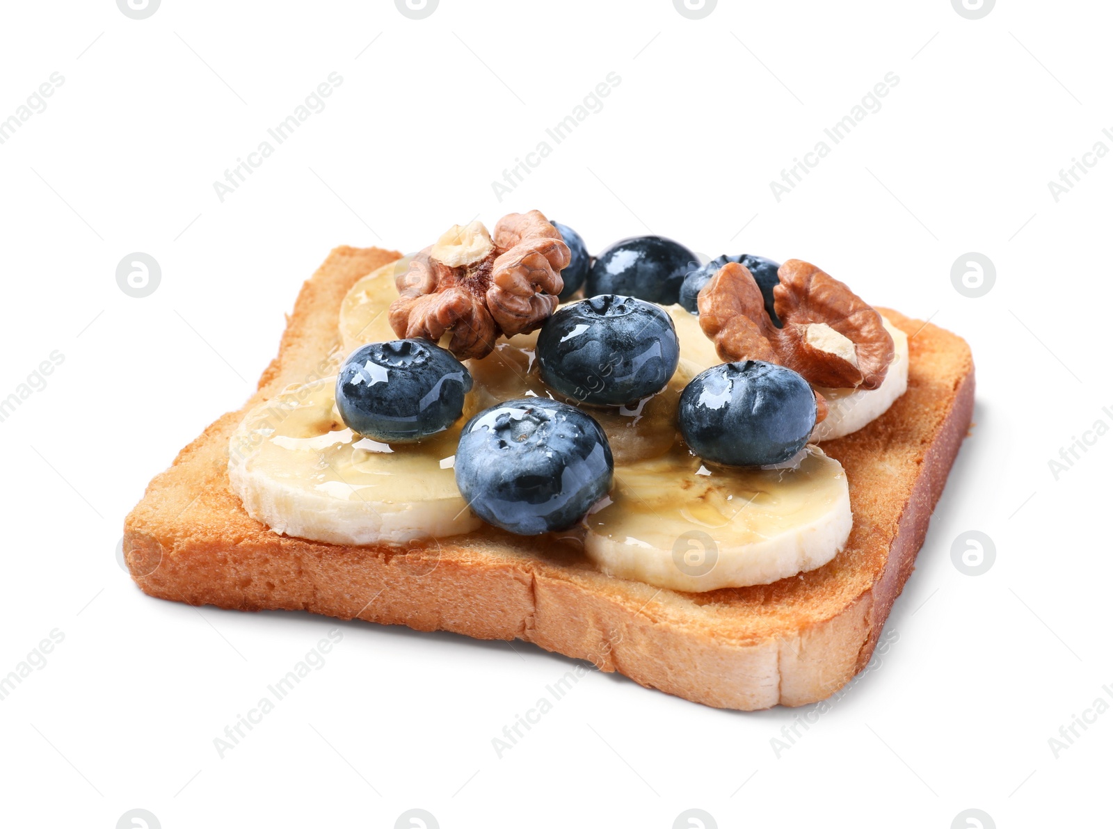 Photo of Delicious toast with bananas, blueberries and nuts isolated on white