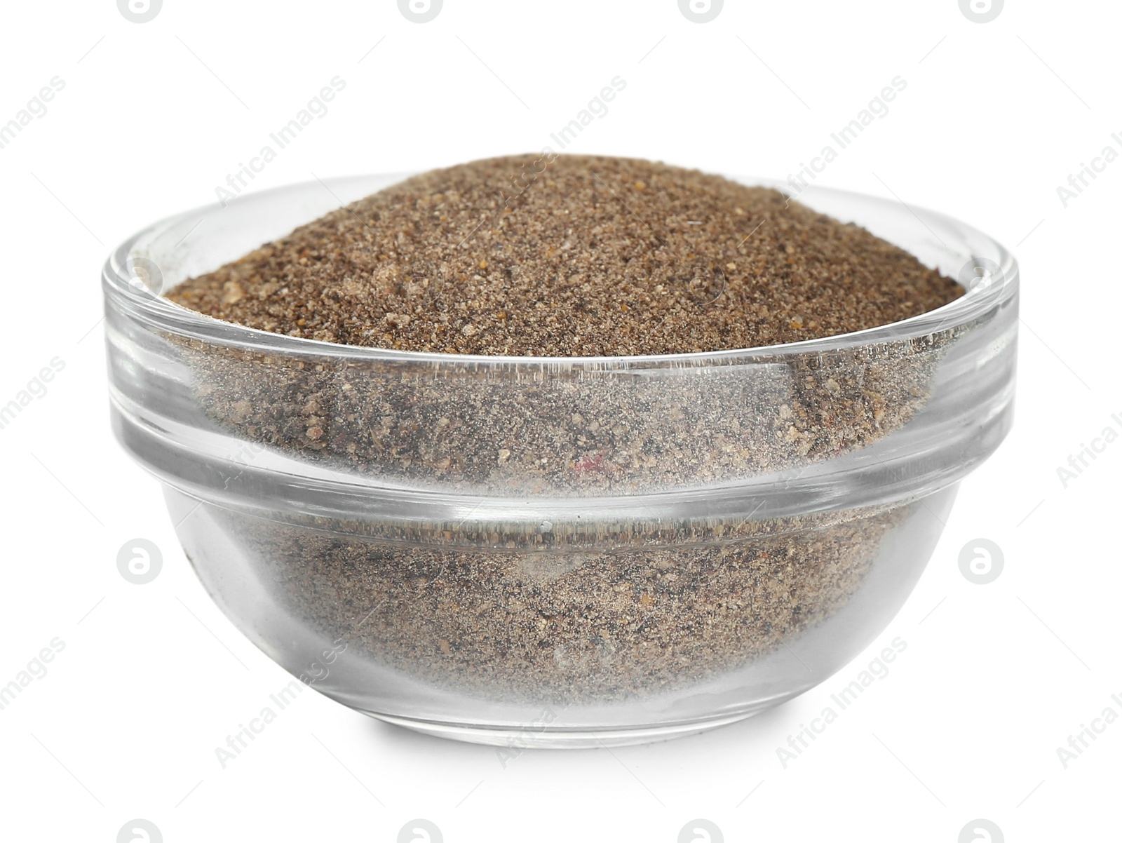 Photo of Bowl of ground black pepper isolated on white