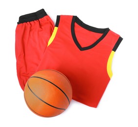 Photo of Basketball uniform and ball on white background, top view