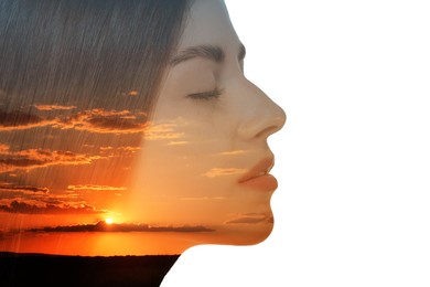 Image of Double exposure of beautiful woman and cloudy sky at sunset