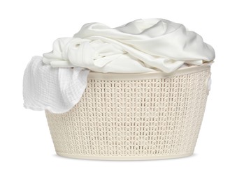 Photo of Laundry basket with clean clothes isolated on white