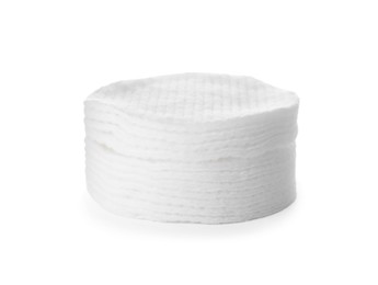 Photo of Stack of soft clean cotton pads isolated on white