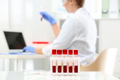 Test tubes with blood samples and scientist working on computer in laboratory