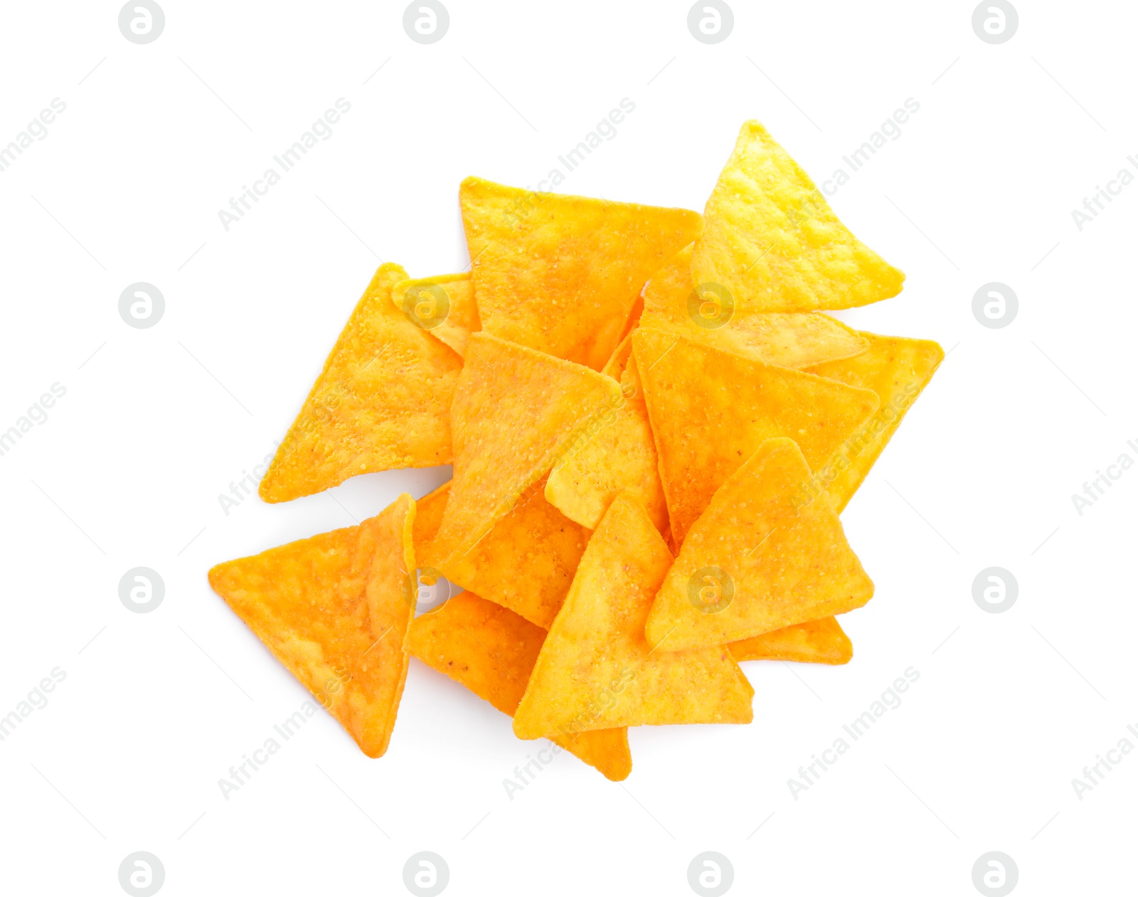 Photo of Tasty tortilla chips (nachos) on white background, top view