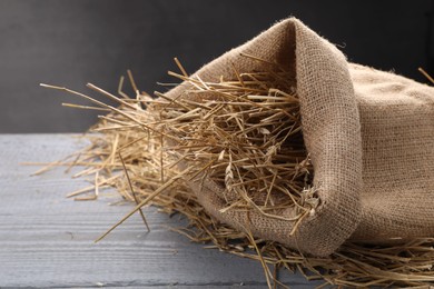 Dried straw in burlap sack on grey wooden table