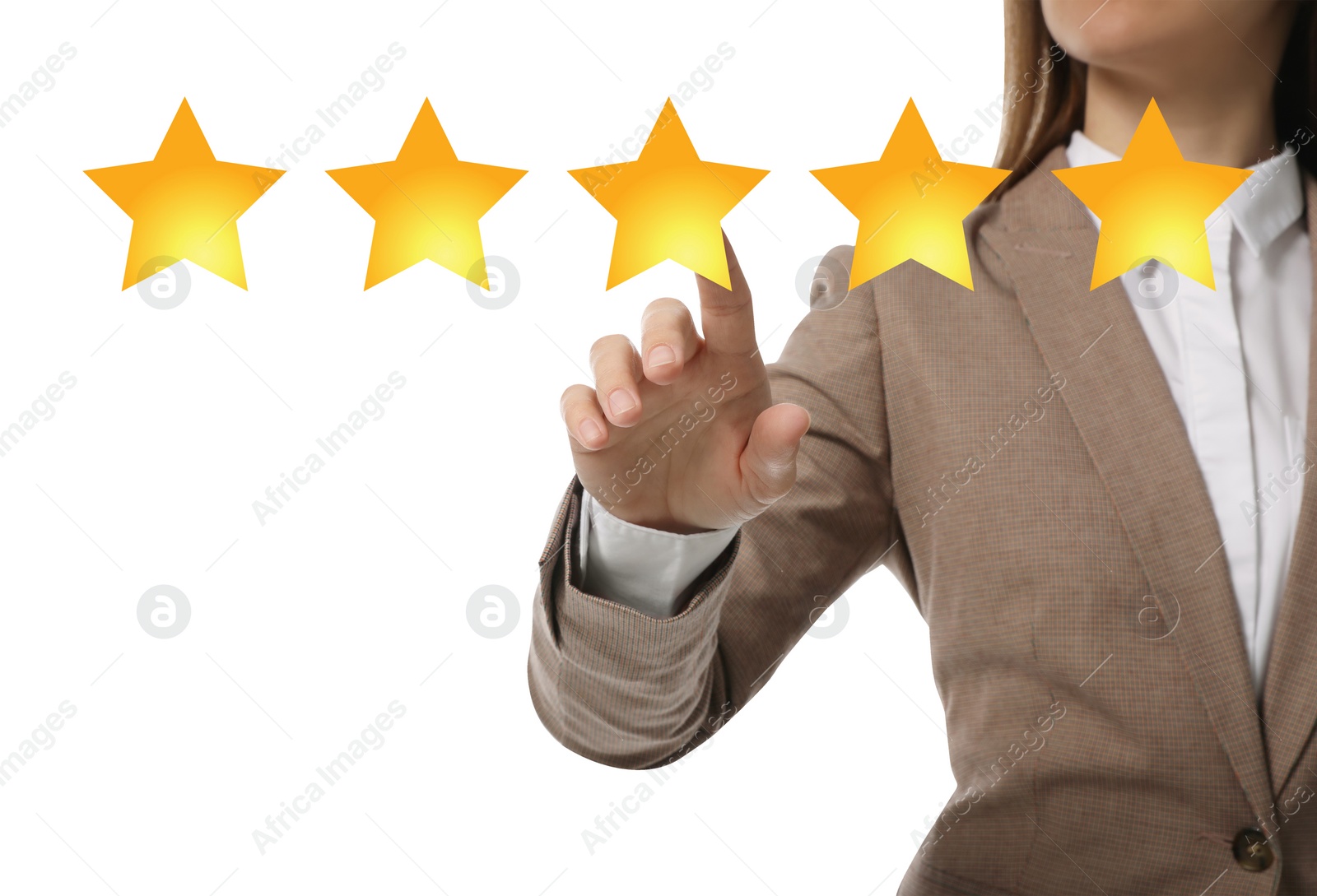 Image of Quality evaluation. Businesswoman touching virtual golden star on white background, closeup