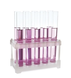 Photo of Test tubes with pink liquid on white background