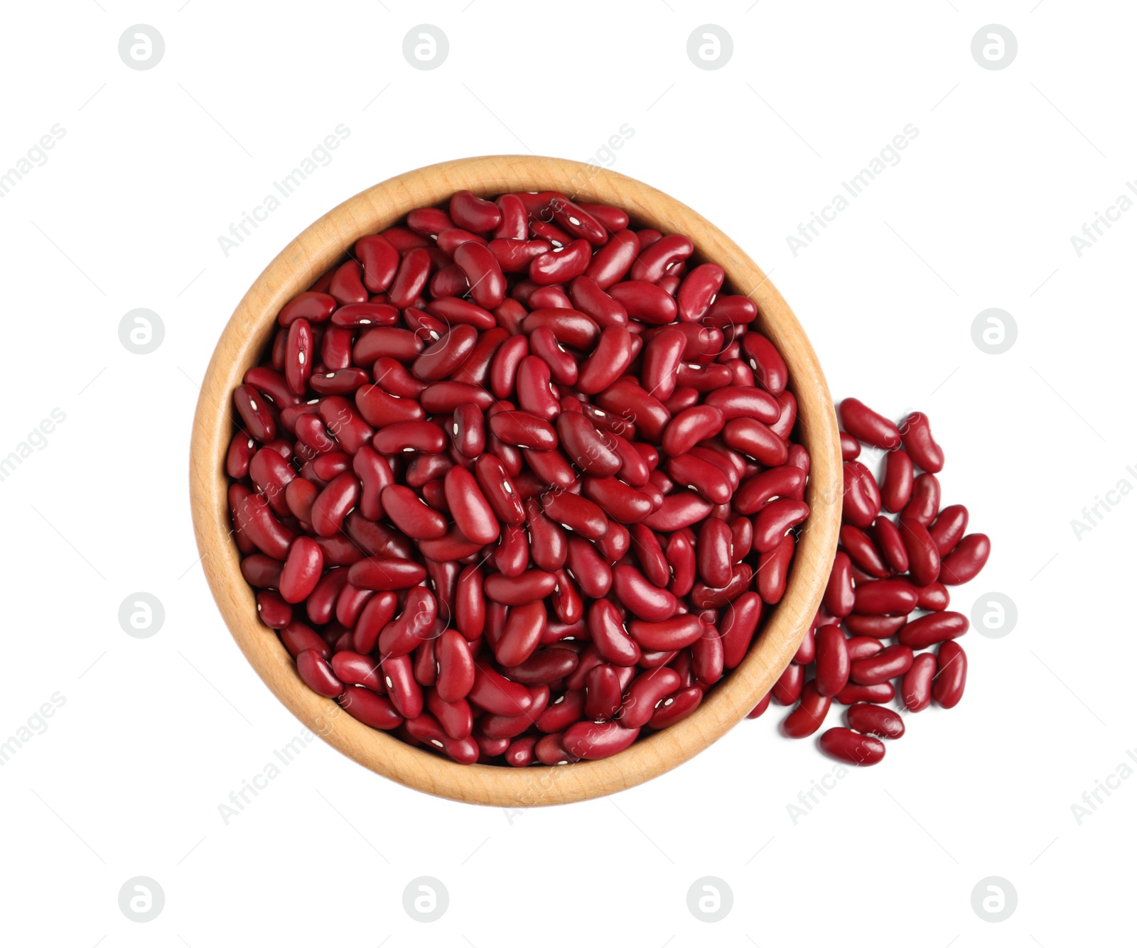 Photo of Raw red kidney beans and wooden bowl isolated on white, top view