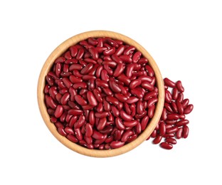 Photo of Raw red kidney beans and wooden bowl isolated on white, top view