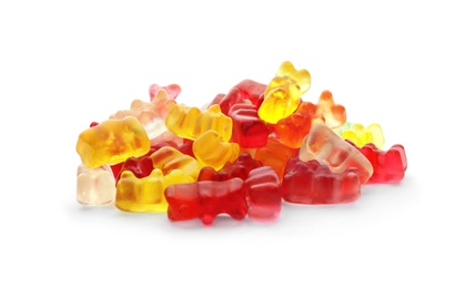 Pile of delicious jelly bears on white background