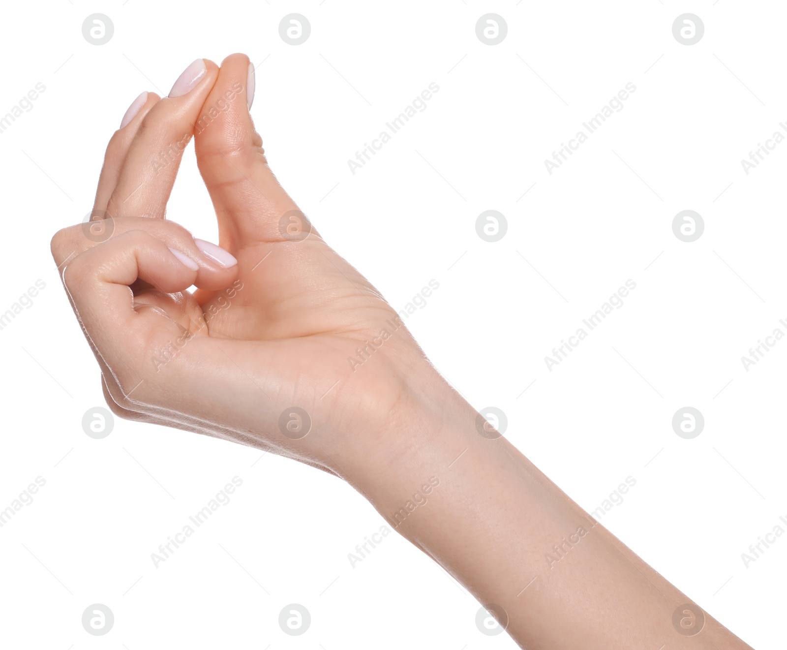 Photo of Woman snapping fingers on white background, closeup of hand