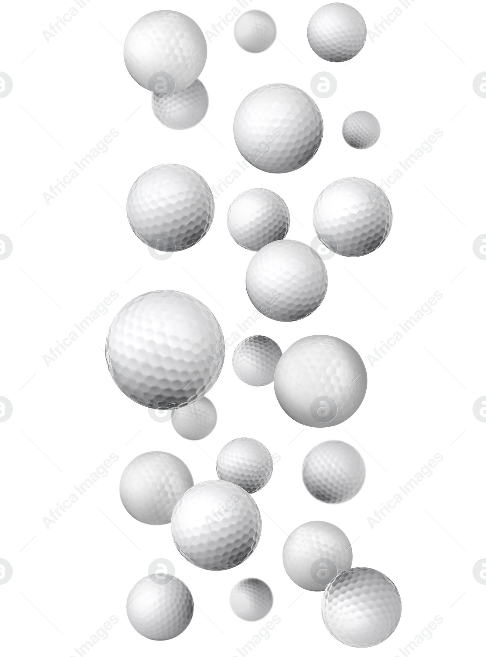 Image of Many golf balls falling on white background