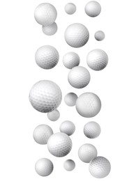 Image of Many golf balls falling on white background