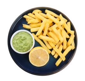 Plate with delicious french fries, avocado dip and lemon isolated on white, top view