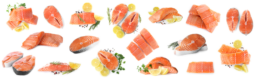 Image of Set of fresh raw salmon on white background. Fish delicacy