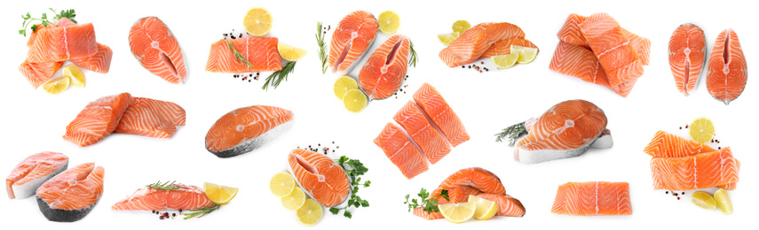 Set of fresh raw salmon on white background. Fish delicacy