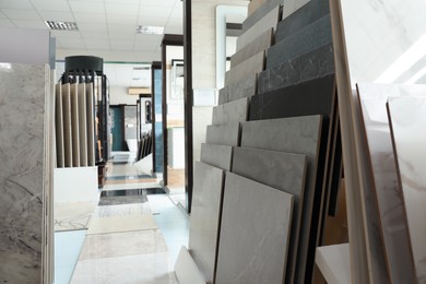 Assortment of tiles in store. Many different samples indoors