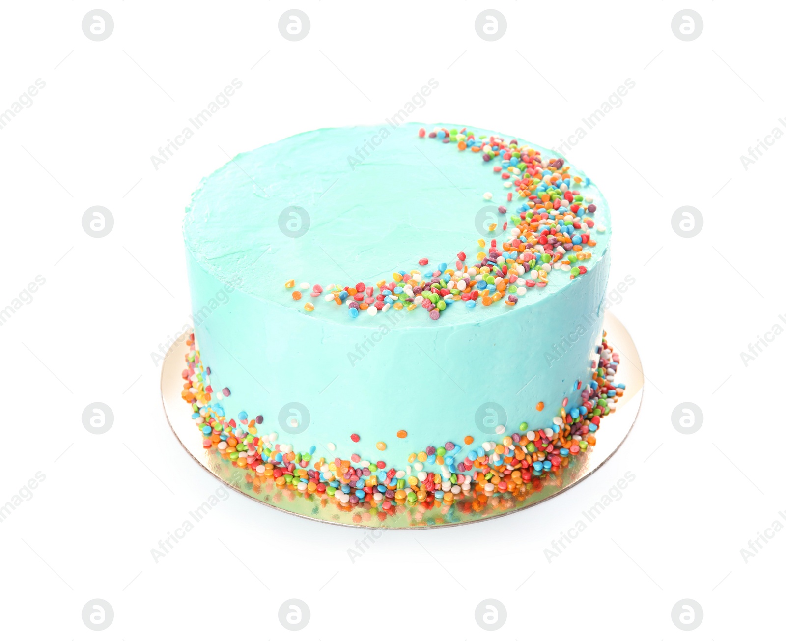 Photo of Fresh delicious birthday cake on white background