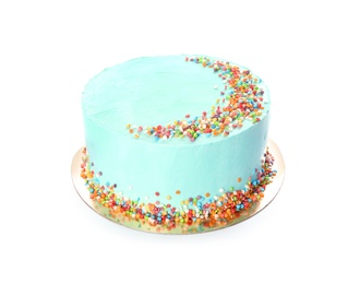 Photo of Fresh delicious birthday cake on white background