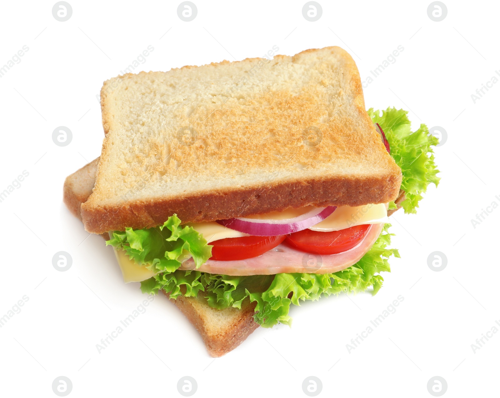 Photo of Toast bread with cheese, tomatoes, ham and lettuce leaves on white background. Tasty sandwich