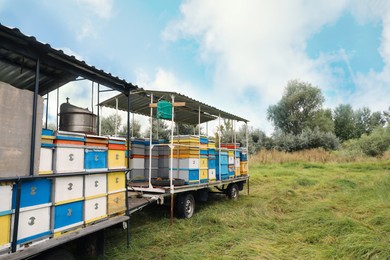 Photo of Many colorful bee hives at apiary outdoors