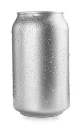 Photo of Can of energy drink with water drops isolated on white. Mockup for design