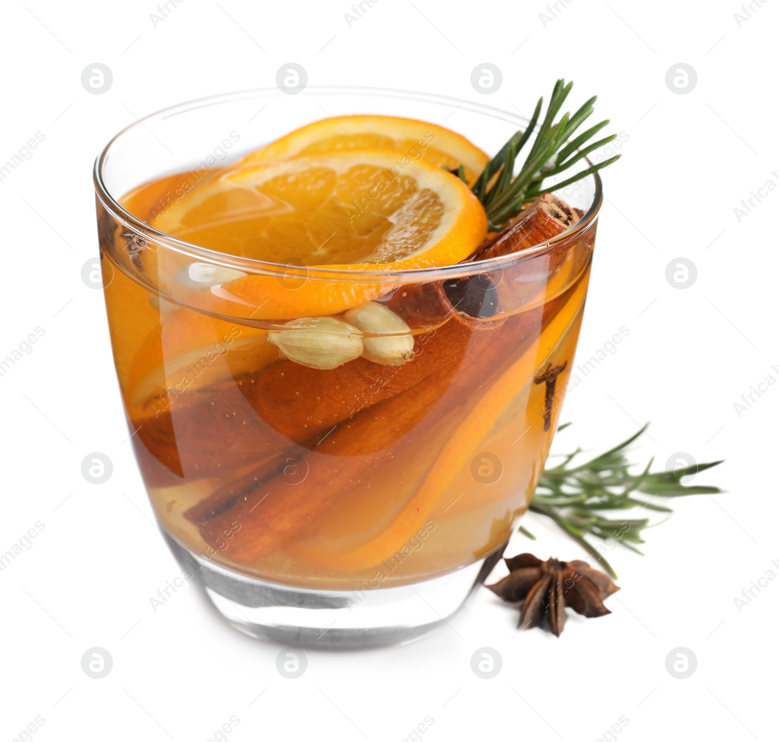 Photo of Delicious aromatic mulled wine isolated on white