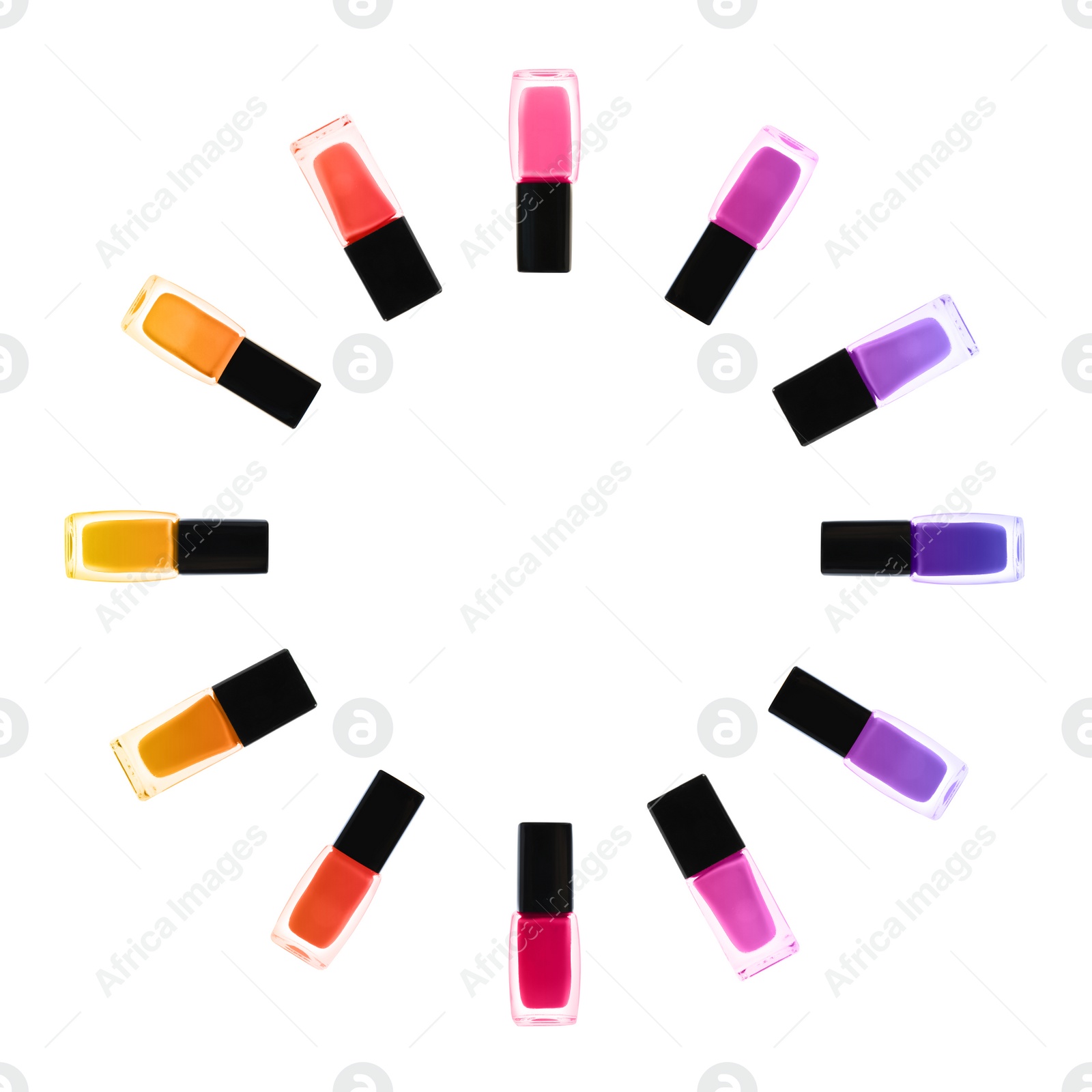 Image of Set of different nail polishes on white background, top view