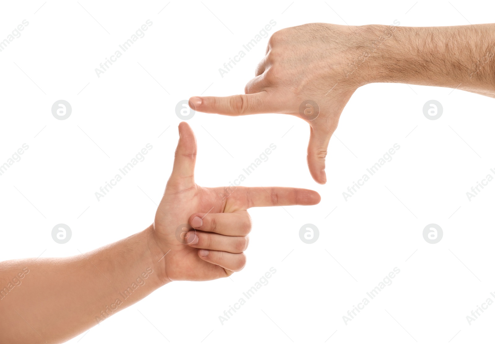 Photo of Man making frame with his hands on white background, closeup