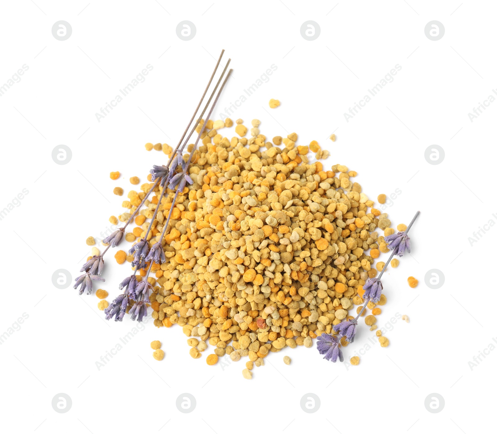 Photo of Pile of fresh bee pollen granules and lavender isolated on white, top view