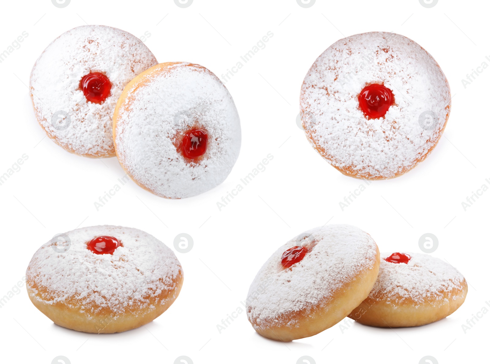 Image of Delicious donuts with jelly and powdered sugar on white background, collage