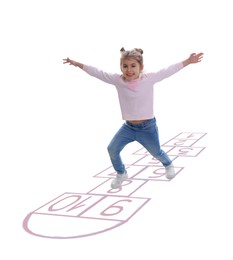 Cute little girl playing hopscotch on white background