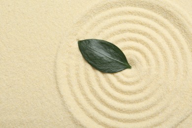 Photo of Zen rock garden. Circle pattern and green leaf on beige sand, top view
