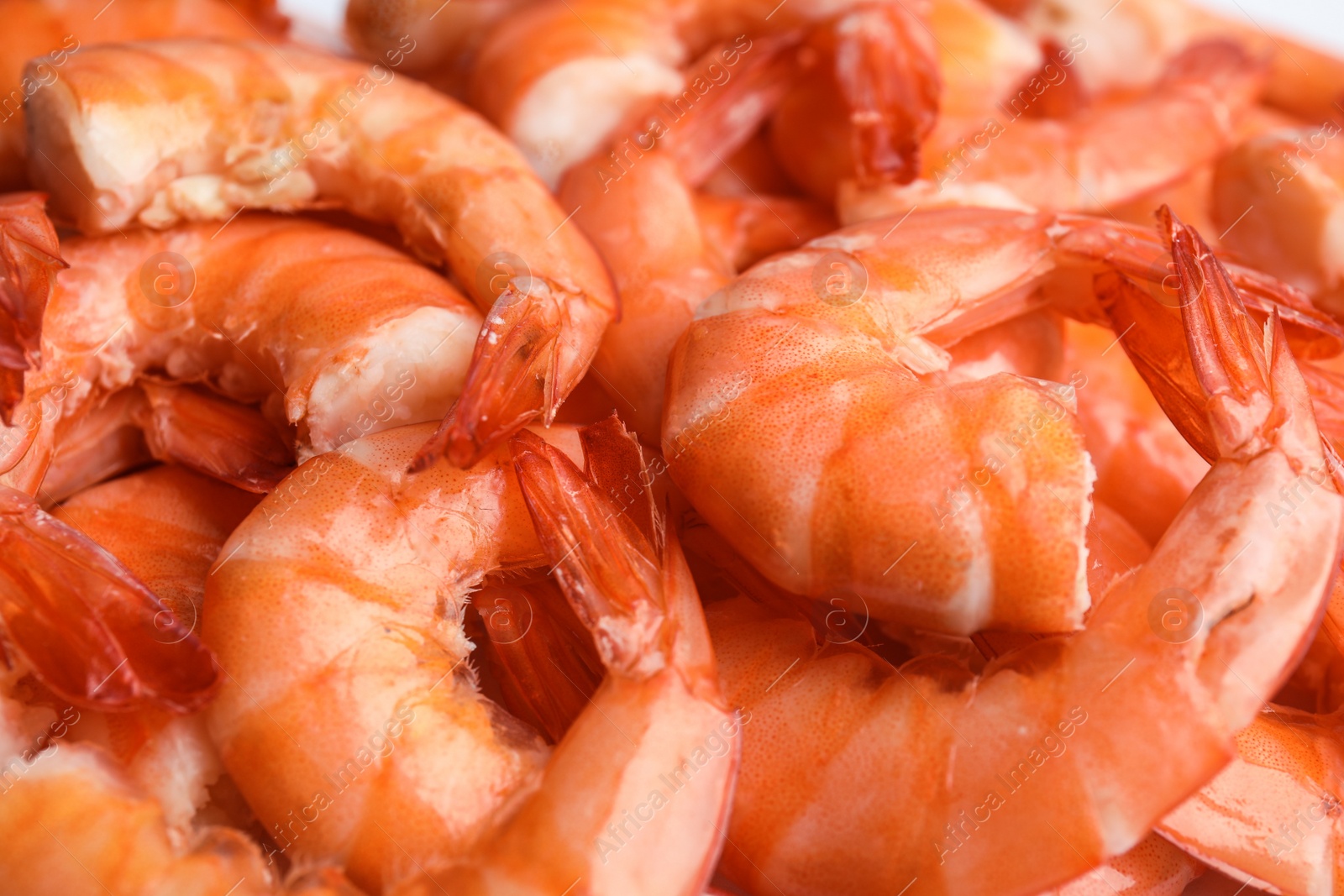 Photo of Pile of delicious cooked shrimps as background, closeup