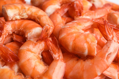 Pile of delicious cooked shrimps as background, closeup