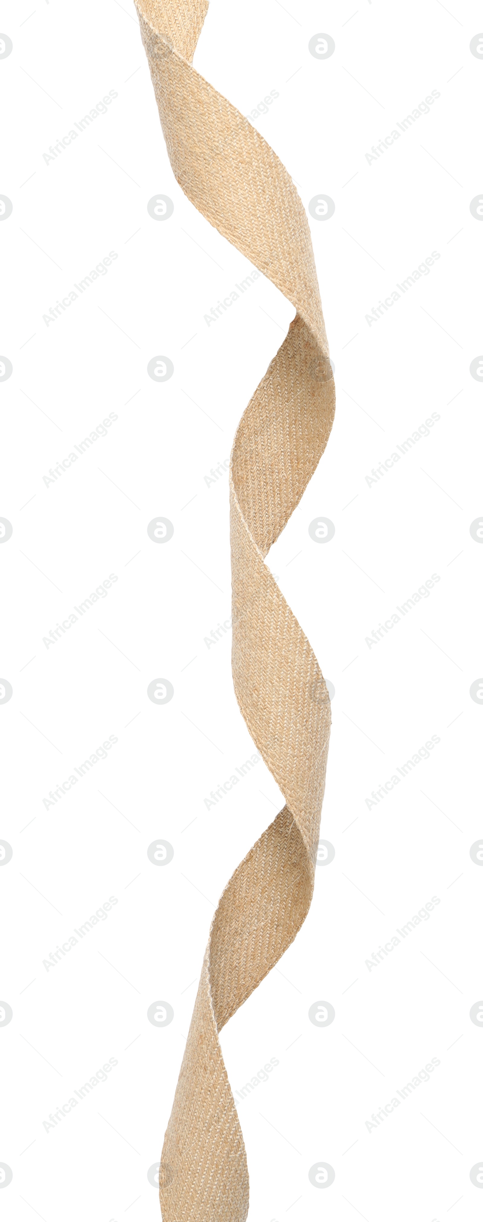 Photo of Burlap ribbon isolated on white, top view