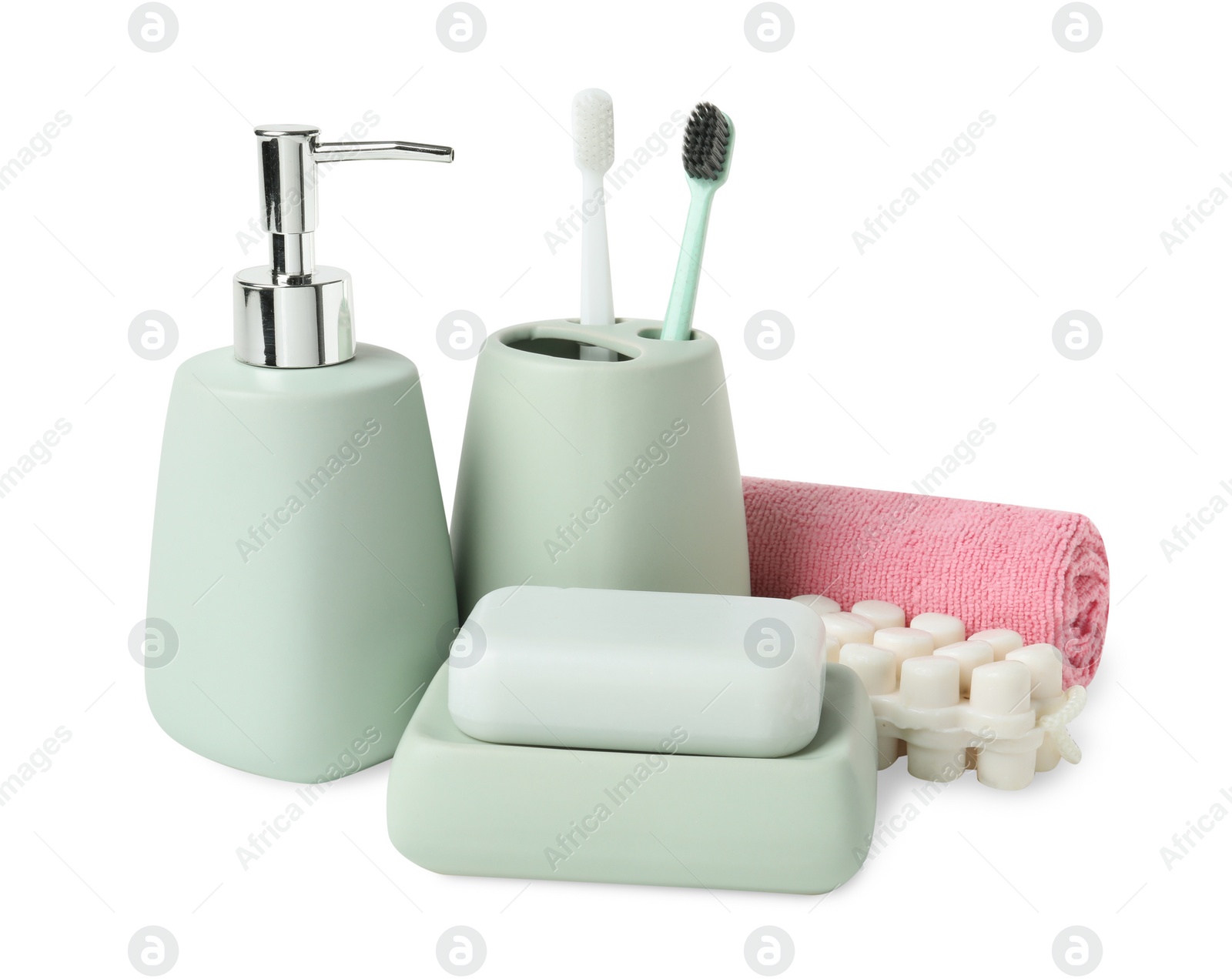 Photo of Bath accessories. Set of different personal care products isolated on white