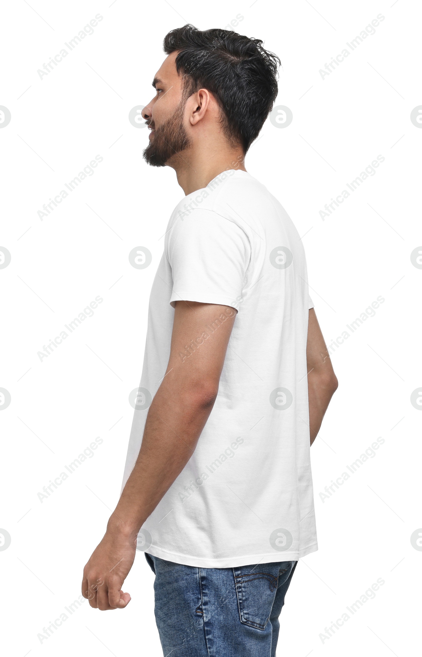 Photo of Man in stylish t-shirt on white background