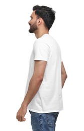 Man in stylish t-shirt on white background