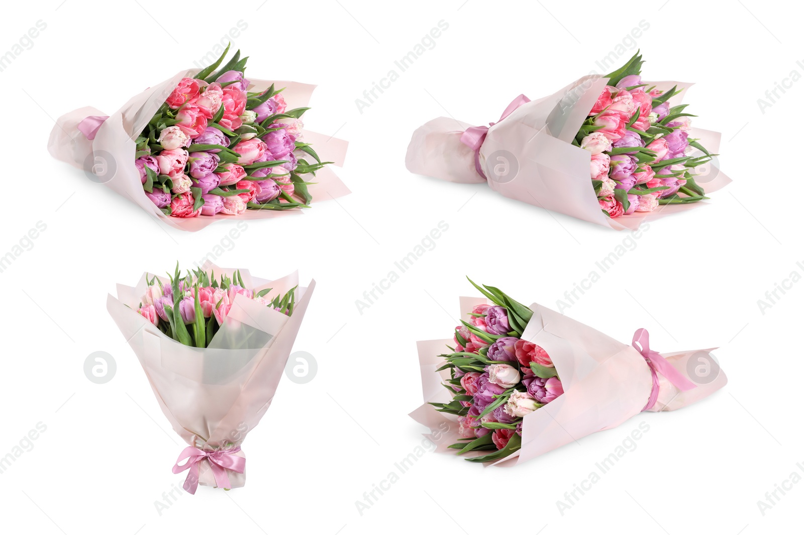 Image of Beautiful bouquets of tulip flowers isolated on white, set