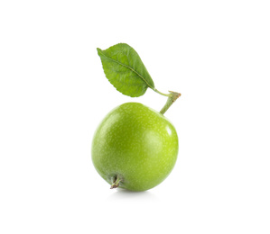 Photo of Fresh green apple with leaf isolated on white